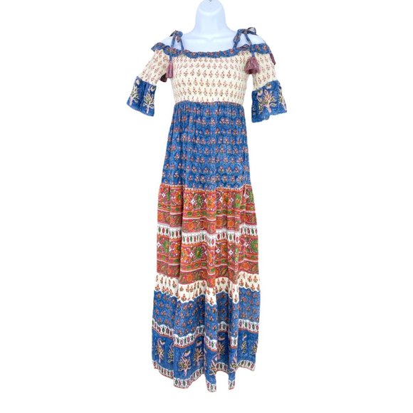 FAHERTY Sylvie Cutout Tie-Strap Boho Lagenlook Maxi in Blue Multi ColorNWT - Picture 2 of 7